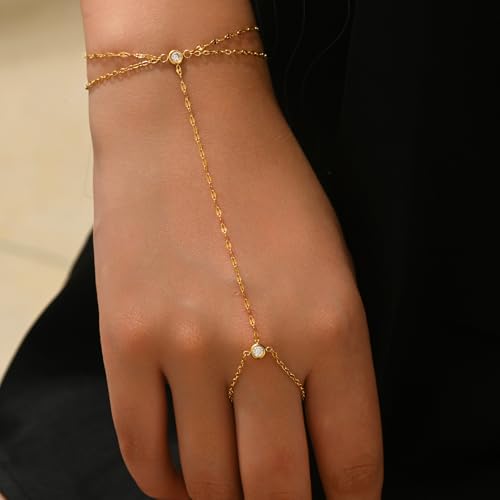 Dainty 18K Gold Plated Tiny Bracelets with Finger Ring for Women | Waterproof Hypoallergenic Adjustable Hand Harness Chain Jewelry - color: Double Layer Lip-GD