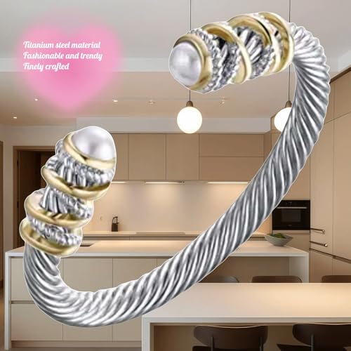 Stainless Steel Twisted Cable Wire Bracelet, Twisted Cable Bracelet with Composite Shell Pearl 6" Cuff Bracelets - color: Silver and Gold