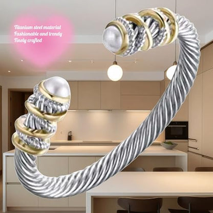 Stainless Steel Twisted Cable Wire Bracelet, Twisted Cable Bracelet with Composite Shell Pearl 6" Cuff Bracelets - color: Silver and Gold