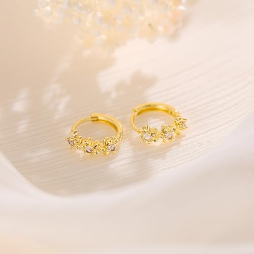 LLWOM Gold Huggie Earrings for Women-14k Gold/Silver/Rose/Black Plated Heart Hoop Earrings Hypoallergenic Lightweight Hoops Gifts - style: Flowers