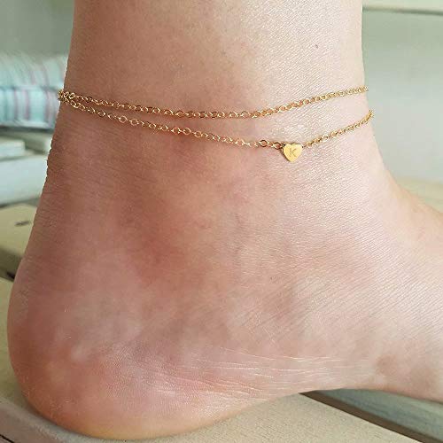 Heart Initial Ankle Bracelets for Women, 14K Gold Filled Handmade Dainty Layered Anklet Letter Initial Heart Ankle Bracelets for Women Beach Jewelry Gifts - style: K