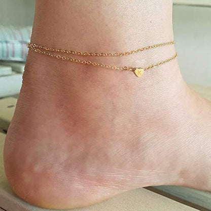 Heart Initial Ankle Bracelets for Women, 14K Gold Filled Handmade Dainty Layered Anklet Letter Initial Heart Ankle Bracelets for Women Beach Jewelry Gifts - style: K