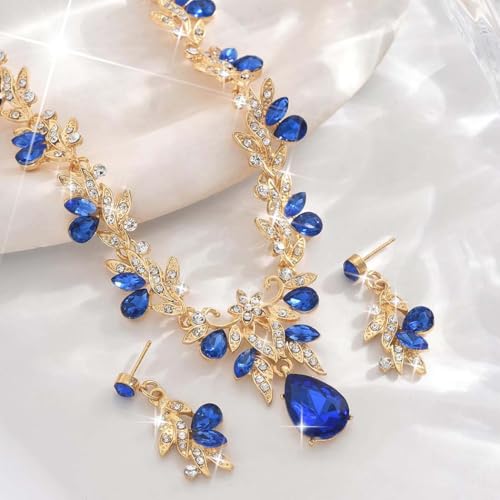 Rhinestone Bridal Wedding Jewelry Sets Gold Necklace Earrings Set Leaf Prom Formal Costume Jewelry Set for Women and Brides - color: Blue