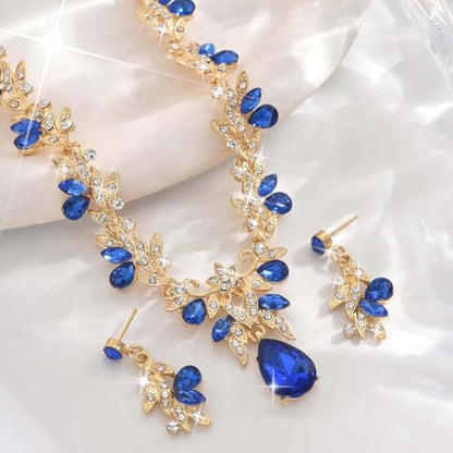 Rhinestone Bridal Wedding Jewelry Sets Gold Necklace Earrings Set Leaf Prom Formal Costume Jewelry Set for Women and Brides - color: Blue