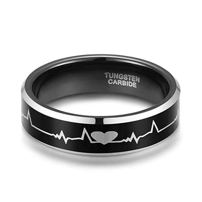 (8mm) Unisex, Women's or Men's EKG Heartbeat Wedding Ring Band. Couple's Black Tungsten Carbide Love Ring with Silver tone edges and Laser Etched Heart Line. One Year Warranty Included. - size: 12