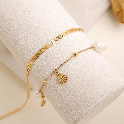 Dainty Gold Shell Pearl Ankle Bracelets for Women, Trendy Anklet Stack Charm Bracelet Adjustable Chain Summer Ocean Beach Accessories Fashion Jewelry Gift - color: PigNose Chain