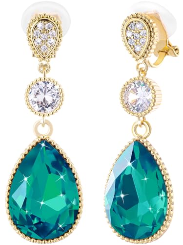 Clip On 18 * 13MM Big Crystal Dangle Non Pierced Earrings for Women 14K Gold Plated Jewelry - color: May-Emerald-14K Gold Plated