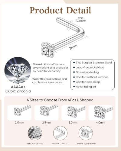 8Pcs 20G Gold/Silver 316L Surgical Stainless Steel L Shaped Corkscrew Nose Studs earrings, Hypoallergenic Nickel Free Tiny Clear Cubic Zirconia Nose Piercing Jewelry 2mm‑4mm,cartilage piercings, Minimalist Dainty Body Piercing Accessories for Sensitive Sk