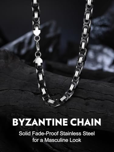 Bandmax Stainless Steel Byzantine Chain Necklace for Men Two Tone Black Gold Heavy Duty Motorcycle Biker Link Chains, 6MM/8MM/10MM Width, 18 Inch-30 Inch Length, Men's Fashion Jewelry Gift - color: 01 Silver&Black Tone