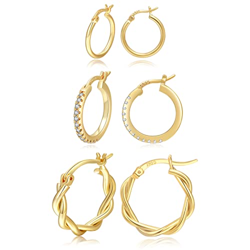 PABBEU 925 Sterling Silver Small Hoop Earrings Set for Women Hypoallergenic | 3Pairs Cubic Zirconia Small Huggie Hoop Earrings Set 13/15/20mm,Nickel-Free Lightweight Comfortable Sleeper Earrings Gift Set - color: 13/15/20mm HMT Gold