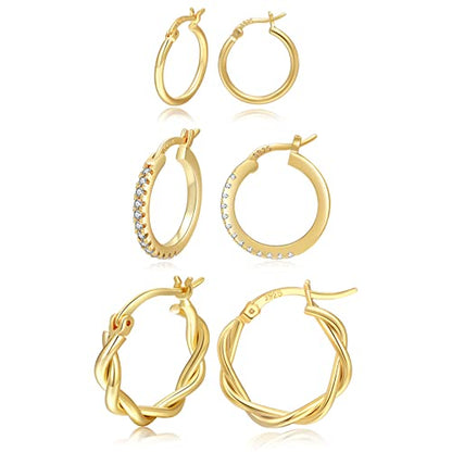 PABBEU 925 Sterling Silver Small Hoop Earrings Set for Women Hypoallergenic | 3Pairs Cubic Zirconia Small Huggie Hoop Earrings Set 13/15/20mm,Nickel-Free Lightweight Comfortable Sleeper Earrings Gift Set - color: 13/15/20mm HMT Gold