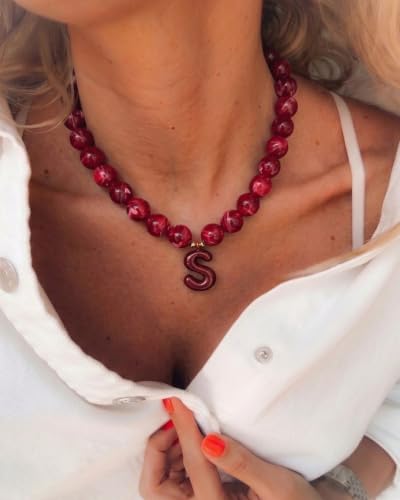 DoDoBeads Chunky Colorful Beaded Initial Necklace, Bubble Letter Choker | Gift box and dust pouch included; waterproof and sweat-resistant with real gold plated stainless steel hardware - color: BlackCherry-C