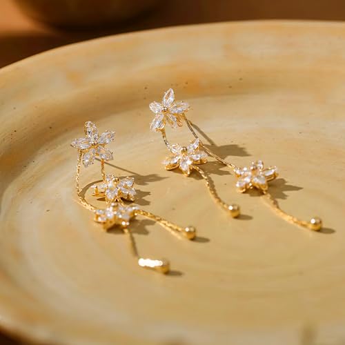 14K Gold Plated CZ Flower Dangle Earrings for Women, Sparkly Cubic Zirconia Long Tassel Drop Earrings, Bridal Wedding Jewelry - color: E:Flower earrings