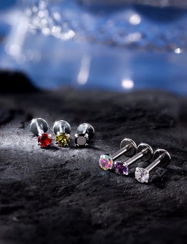 16G ASTM F136 Titanium Surgical Steel Internal Thread Flat Back Studs Earrings Lip Rings Labret Medusa Helix Tragus Cartilage Earring stud Piercing Jewelry for Women Men Silver Black Gold - style: 16g/2mm Mix cz/Silver 10mm