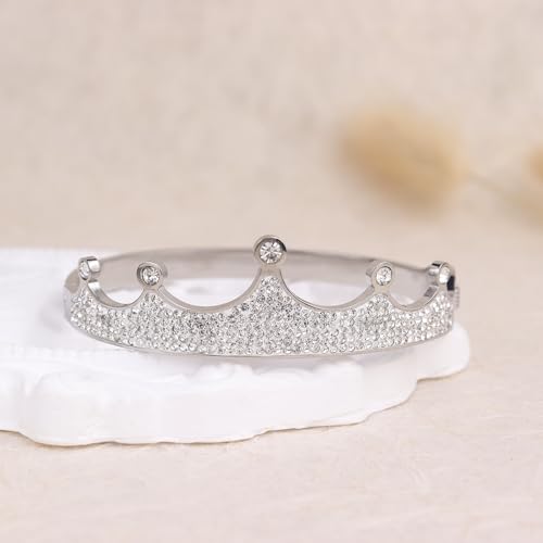 14k Gold Plated Cubic Zirconia Bangle Classic Bracelets for Woman, Sparkly Rhinestones Crown Bangle Stainless Steel Stackable Cuff Bracelet Trendy Statement Jewelry Gifts - color: SilverCrown