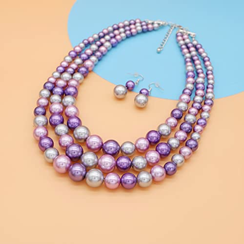Chunky Layered Imitation Pearl Necklace for Women 3 strand Pearl Necklaces Faux Pearl Necklace Earrings Set 1920s Flapper Gatsby Costume Accessories - color: 3 strand pearl necklace purple grey