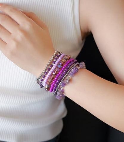 Noessla Boho Beaded Bracelets for Women Stackable Irregular Natural Stone Bead Stretch Bracelet Set 8PCS Costume Jewelry Gifts for Her - color: Purple