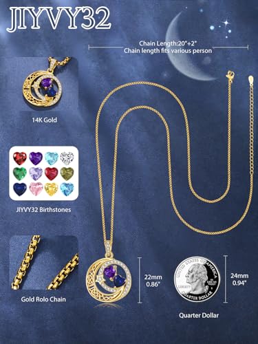14K Gold Moon and Star Double Birthstone Necklace Gifts for Women | 2 Heart Birthstone Necklace,Mothers Day Wedding Anniversary Birthday Gifts for Wife Mom Daughter Grandma Sister - color: 02-09-Feb-Sept Birthstone