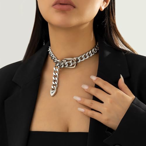 CJIAYUJEW Chunky Gold & Silver Cuban Chain Choker & Belt Necklaces for Women & Men - Punk Style Thick Link Belts - color: silver