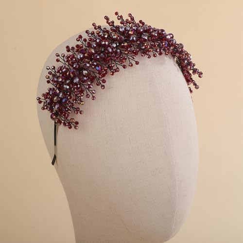 Rhinestones Beads Hair Crown for Wedding Brides Women Tiara Jewelry Handmade Sparkle Hair Piece - color: Black Red