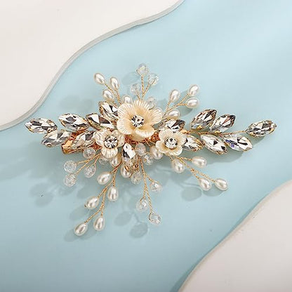 Xerling Gold Rhinestones Crystal Flower Hair Barrettes Clip Boho Bridal Pearl Hair Jewelry Accessories for Women Wedding Floral Headpieces (Gold) - color: Gold