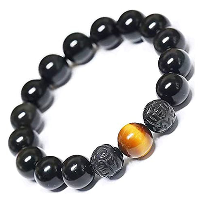 Black Obsidian Bracelet,Feng Shui Black Obsidian Wealth Bracelet for Women Men Couples Handmade Stretch Obsidian Bracelet Bangle with Carved Pixiu Tiger Eye Stone Attract Wealth Money and Good Luck - color: A,12mm,Yellow Tiger Eye