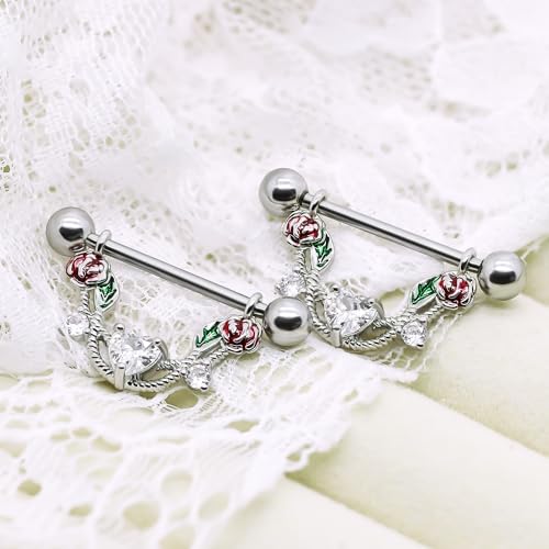 2pcs 14G Nipple Rings Flower Nipple Bars Surgial Steel 316L Nipple Piercing Jewelry Heart Nipple Barbell for Women - color: WHITE HEART