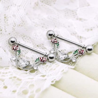 2pcs 14G Nipple Rings Flower Nipple Bars Surgial Steel 316L Nipple Piercing Jewelry Heart Nipple Barbell for Women - color: WHITE HEART