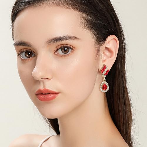 EleQueen Women's Austrian Crystal Art Deco Tear Drop Dangle Earrings Clip-on - color: 02-Gold-tone Ruby Color