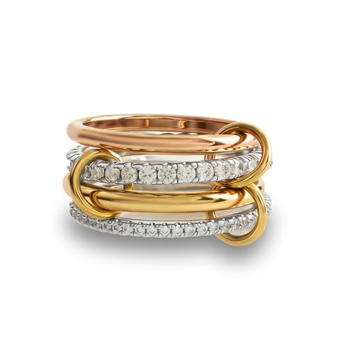 Stackable Rings for Women Non Tarnish,Dainty 18k Gold Plated CZ Cubic Zirconia Rings,Silver and Gold Rings Set,Multi-Link Connected Rings - color: Rose Gold Ring Set