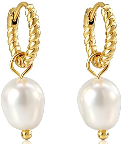Pearl Earrings VeroSteel Dangle Earrings for Women, Dainty 14k Gold Huggie Hoop Earrings with Pearls, Trendy Pearl Drop Earrings, Stainless Steel Hypoallergenic Stud Earrings For Sensitive Ears - style: Twisted