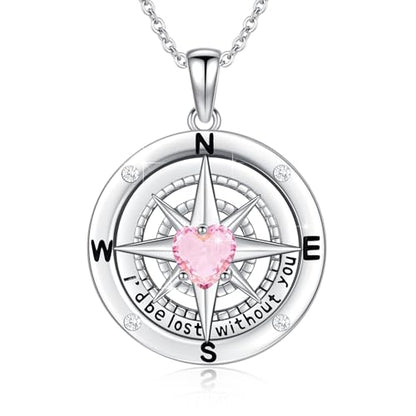 Compass Necklace Sterling Silver Nautical Graduation Gift | 925 Sterling Silver compass pendant with meaningful nautical design, jewelry for women, graduation and travel gift - color: Pink-2