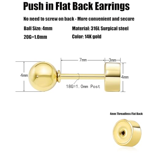 Sweetkiki Threadless Flat Back Earrings, 14K Gold Plated Ball Stud Earrings Hypoallergenic | Cartilage Earring | Helix Piercing Jewelry | Tragus Piercing Jewelry | Push in Flatback Earrings for Women Men - color: 14K Gold, size: 4 Millimeters