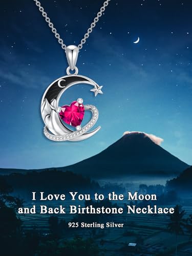 I Love You to the Moon and Back Necklace 925 Sterling Silver Black Crescent Moon Star Pendant with Heart Birthstone Necklace Anniversary Gothic Jewelry Gifts for Women Wife Lovers - color: 07-Jul-Ruby