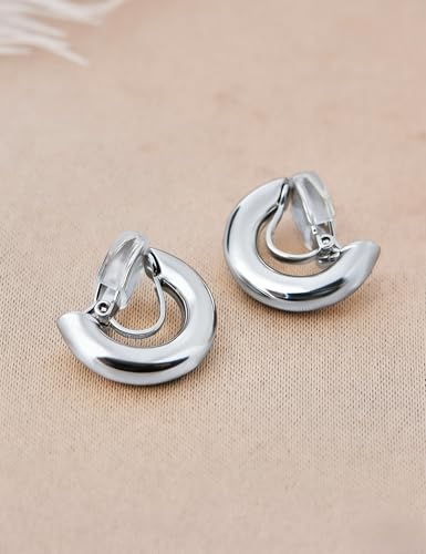 FAN&LOUIS Gold Clip On Hoop Earrings,Gold Silver Chunky Small Open Hoops Clip-On Earrings for Women Trendy Non-Pierced Ears Lightweight Teen - style: Silver