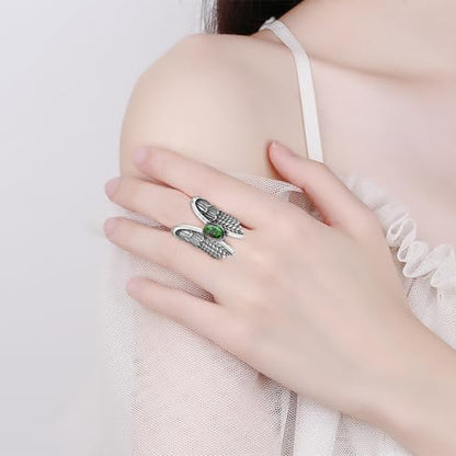 Oval Genuine Gemstone Angel Wings Wide Band Ring,Retro S925 Sterling Silver Full Finger Chunky Statement Band Ring for Women - color: A03_Epidote Jasper