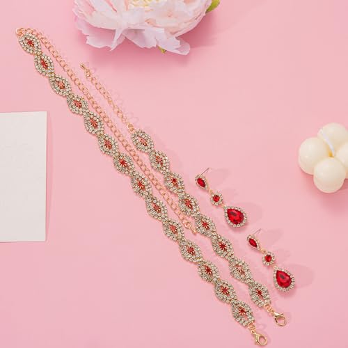 Women Rhinestone Crystal Jewelry Set Crystal Tennis Design Rhinestone Choker Necklace Link Bracelet Teardrop Earrings Set Wedding Bridal Bridesmaids Party - color: Red