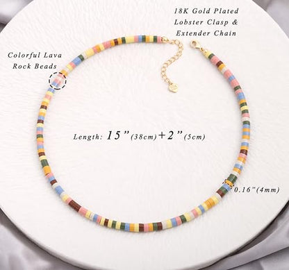 Aobei Pearl Gemstone Beaded Choker Necklace for Women Boho Turquoise/Cultured Freshwater Pearls/Garnet/Amazonite Jewelry - color: P Colorful Lava Beads