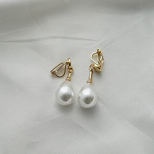 Pearl Clip on Earrings for Women Drop Clip Earrings for Women Gold Plated White Imitation Pearl Earrings Fashion - color: Teardrop Pearl