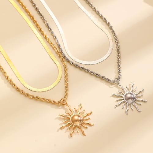 Sun Necklace for Women 14K Gold Silver Plated Layered Charm Necklace Double Chain Charm Pendant Necklaces Trendy Daily Wear Statement Jewelry Gift - color: Gold