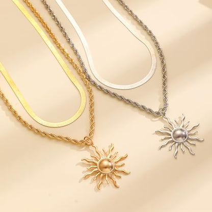 Sun Necklace for Women 14K Gold Silver Plated Layered Charm Necklace Double Chain Charm Pendant Necklaces Trendy Daily Wear Statement Jewelry Gift - color: Gold
