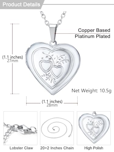 U7 Women Locket Necklace, Heart Photo Lockets Hold Picture, Gift Box Packed | Gold/Silver/Rose Locket Charm, Custom Picture and Engravement Heart Pendant, 20" Chain, Personalized Gift for Mom Wife Friend - color: 03# Platinum*2 Heart