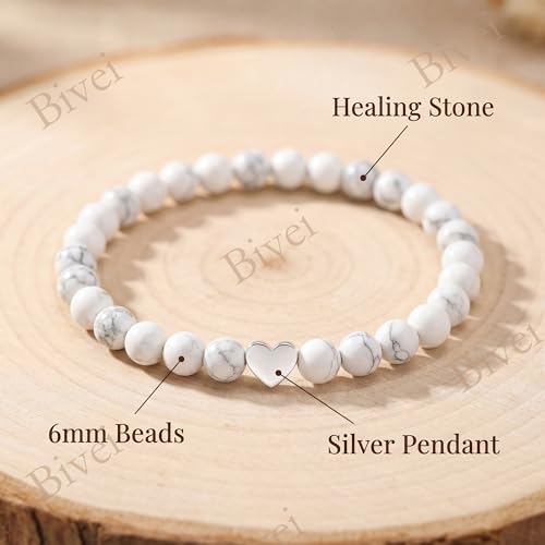 Bivei Crystal Stretch 6mm Bracelets for Women | Handmade Natural Stone Beaded Stretch Bracelet, Stainless Steel Heart Bead, Tranquility Yoga Gift Jewelry for Women - color: White Turquoise - Stabilizing