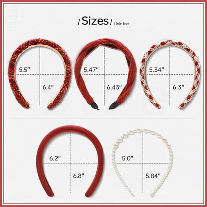 Fashion Headbands Set - 5pcs Red Wide Pearl Rhinestone Padded Hair Accessories for Women, Mothers Day, Valentine's Day, Christmas - color: Red