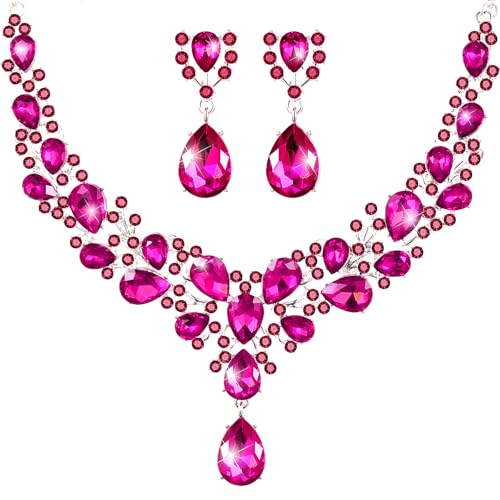 Hicarer Bridal Teardrop Cluster Crystal Jewelry Set for Women Necklace Earrings Wedding - color: Rose Red