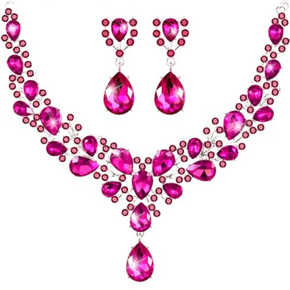 Hicarer Bridal Teardrop Cluster Crystal Jewelry Set for Women Necklace Earrings Wedding - color: Rose Red