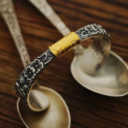 Silver Spoon Bracelet – Adjustable Cuff with Flower Pattern –Mongolian Flower Bracelet for Women&Men
