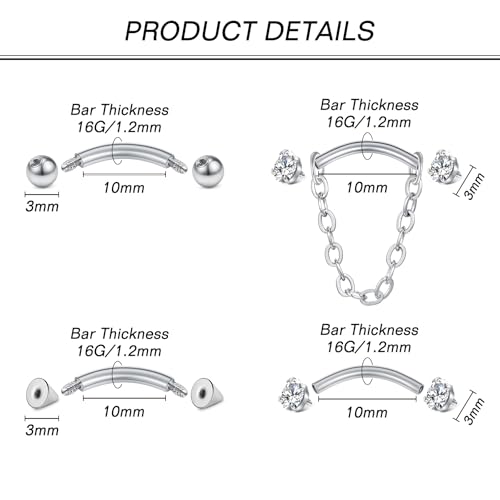 Zolure Rook Daith Piercing Jewelry 16G Eyebrow Rings for Women Rook Earring Curved Barbell Tragus Cartilage Vertical Labret Lip Piercing Jewelry Hypoallergenic - color: 16G 10mm #2S