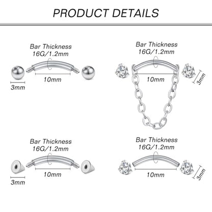 Zolure Rook Daith Piercing Jewelry 16G Eyebrow Rings for Women Rook Earring Curved Barbell Tragus Cartilage Vertical Labret Lip Piercing Jewelry Hypoallergenic - color: 16G 10mm #2S