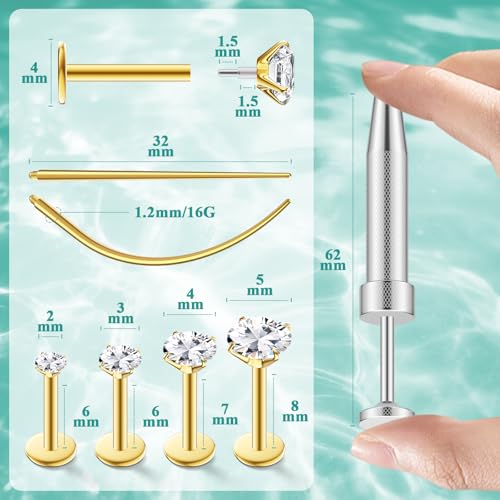 4 Pairs 16G 18G Flat Back Stud Earrings, Hypoallergenic Surgical Steel Set | CZ 2-5mm, internal thread design for nose and tragus piercings use, includes ball grabber tool for easy jewelry changes - color: 16G CZ 2/3/4/5mm Gold